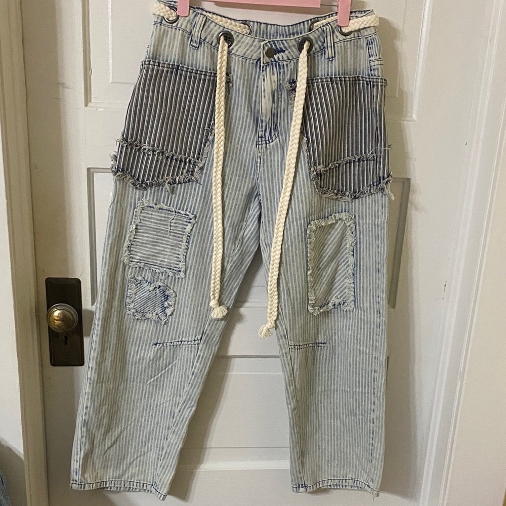 Oli & Hali Multi Stripe Patchwork Denim Barrel Jeans Light Wash Boho Size Small - Picture 2 of 9